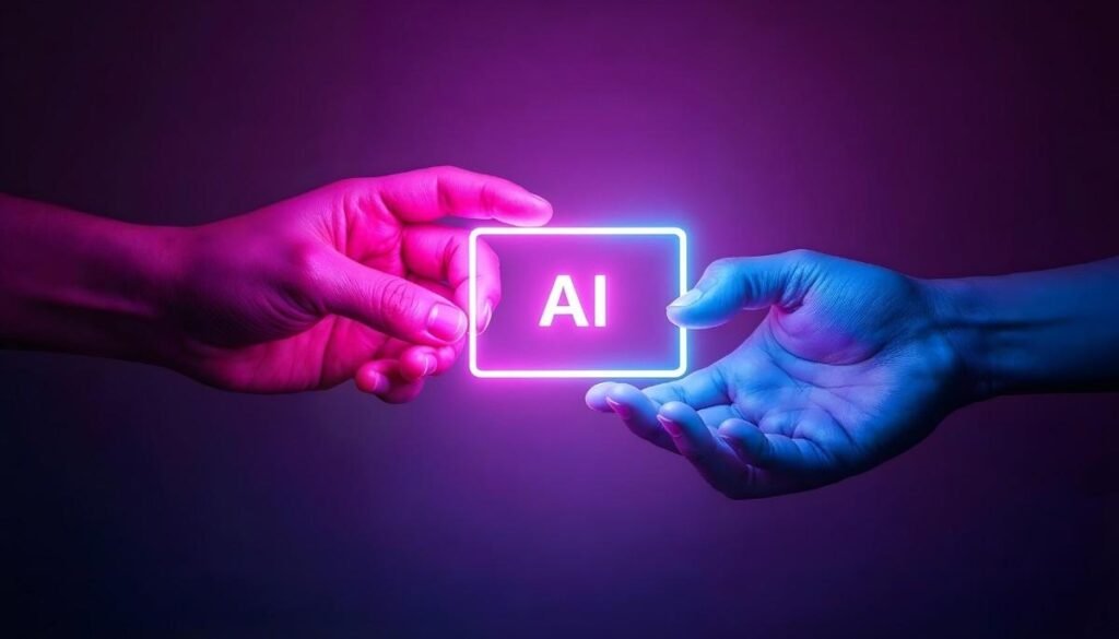 Two hands exchanging a glowing card with the letters 'AI' in bright pink and blue.